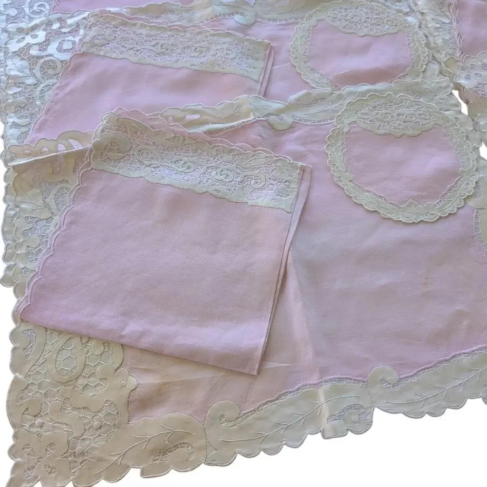 Vintage Pink & Ecru Hostess Set: Placemats, Napkins, Coasters, 6 sets, 18 pieces